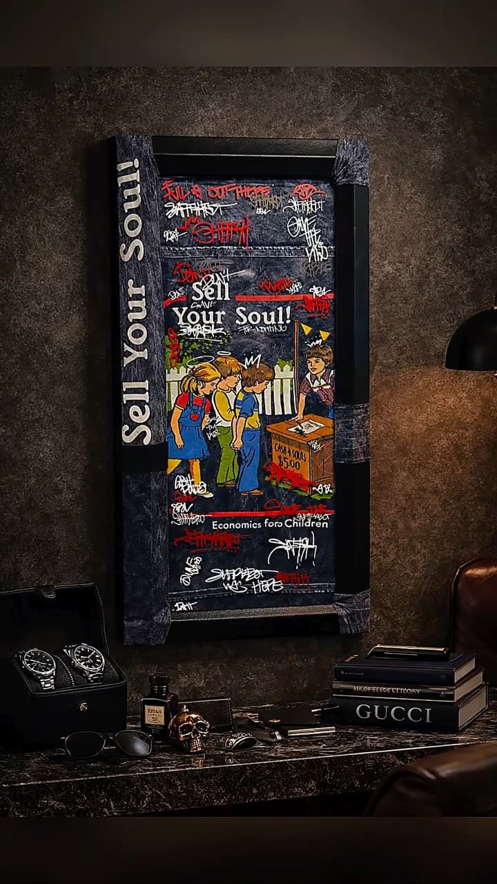 Sell Your Soul, Framed Works. Mixed media, denim frame.